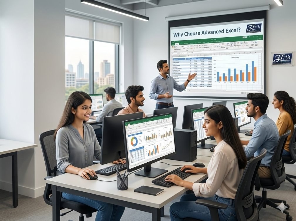 students in a modern classroom attending an advanced excel course in saket with an instructor.