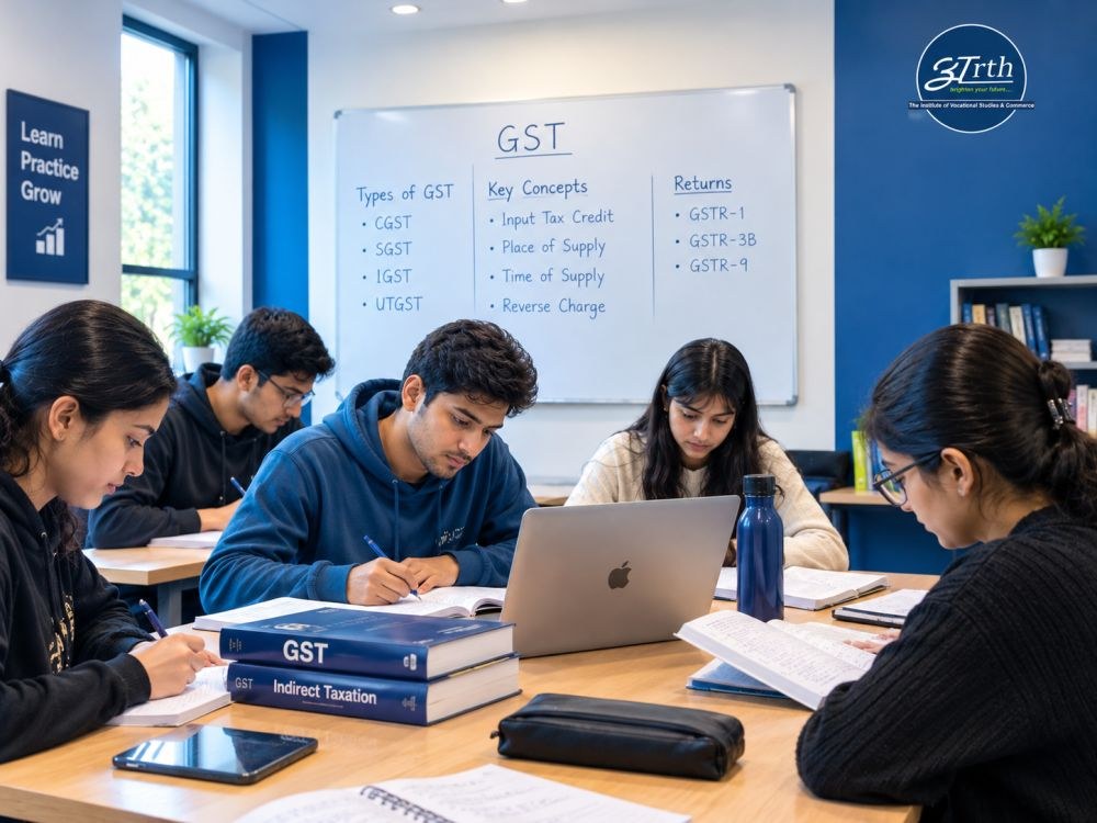 Students studying GST together in a classroom at Arth Institute