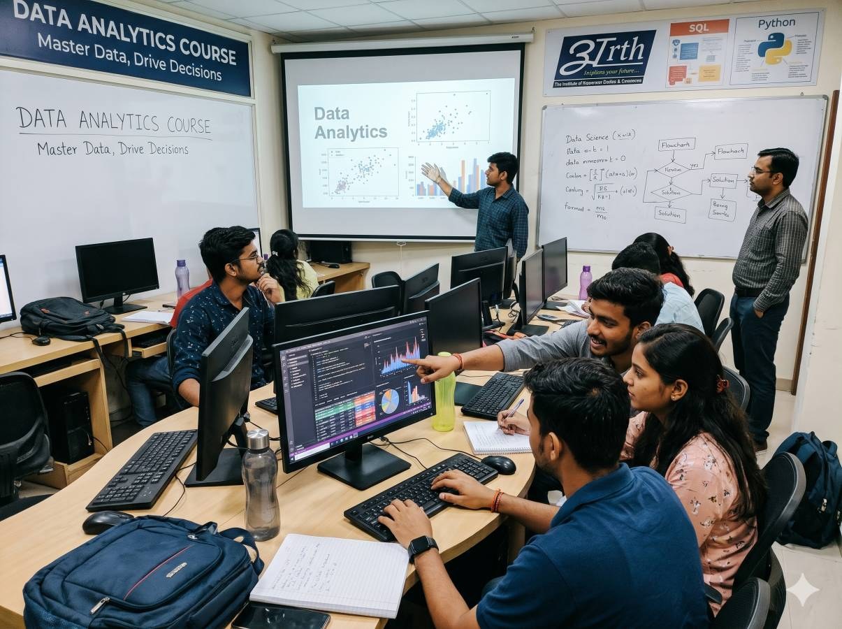 Students learning Data Analytics course in a classroom at Arth Institute