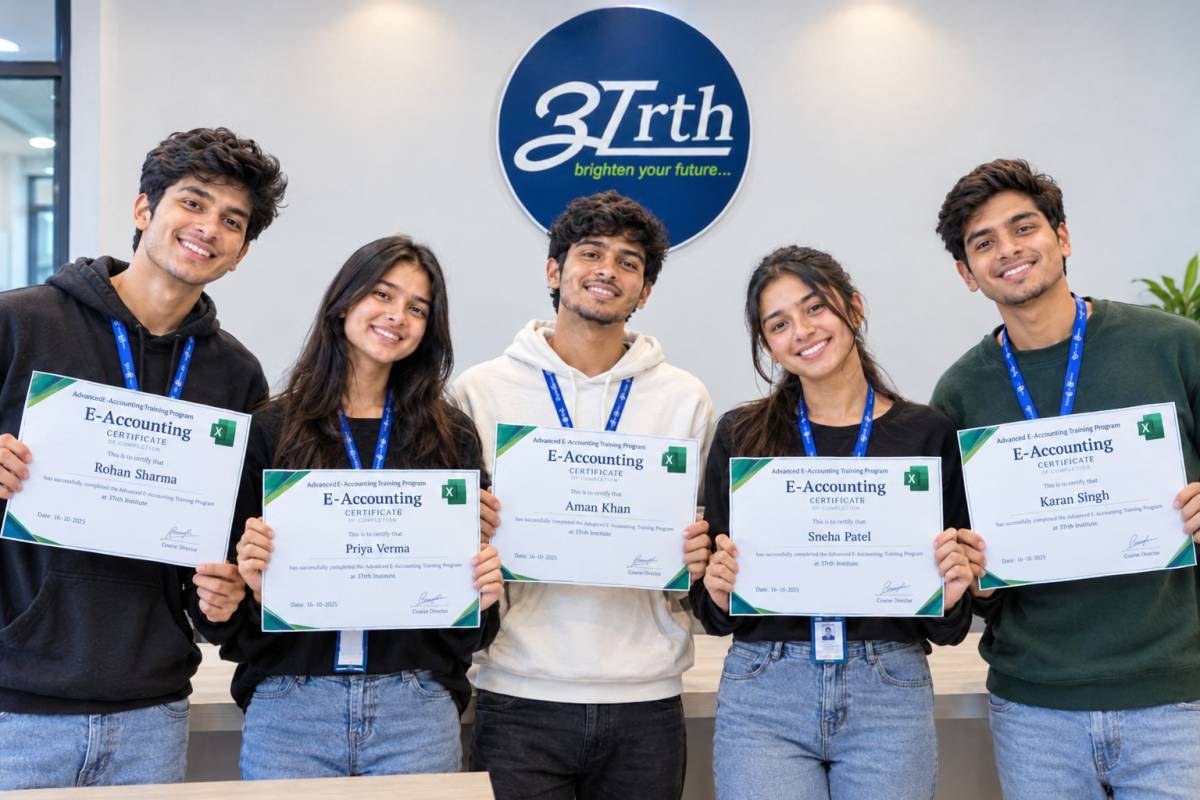 Students at Arth Institute holding E-Accounting course completion certificates