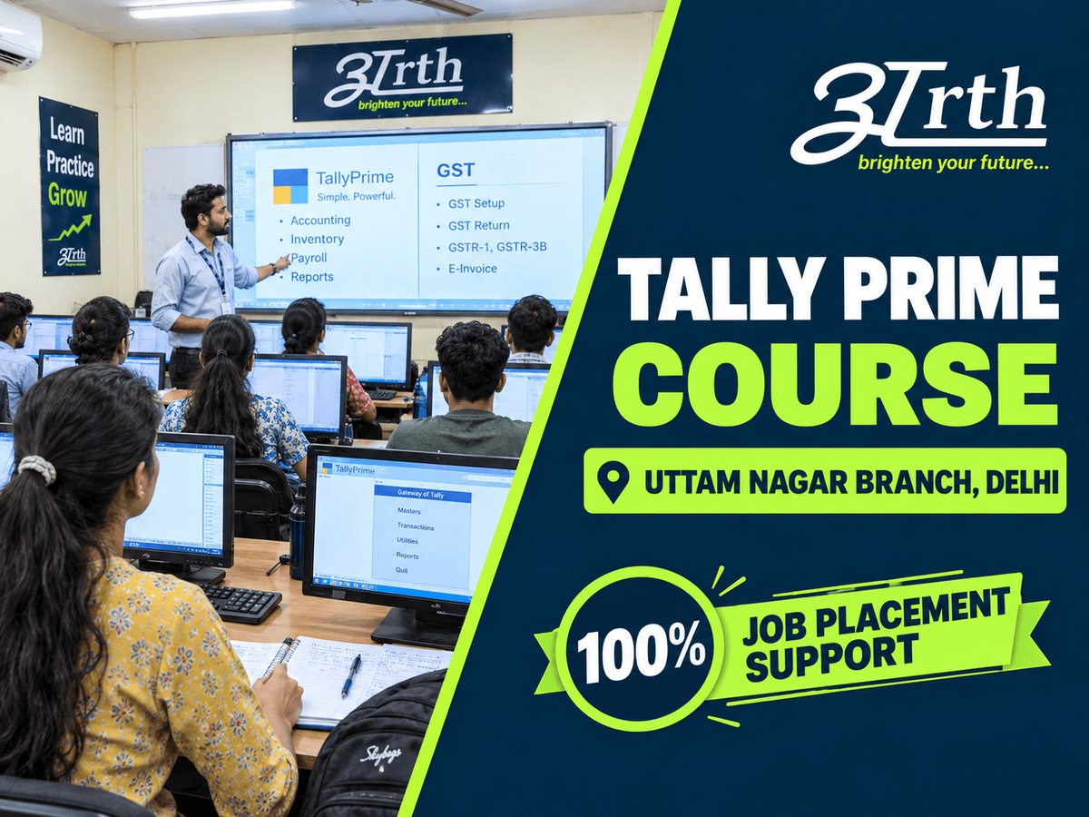 Teacher explaining Tally Prime and GST concepts to students in a practical computer lab at Arth Uttam Nagar branch.