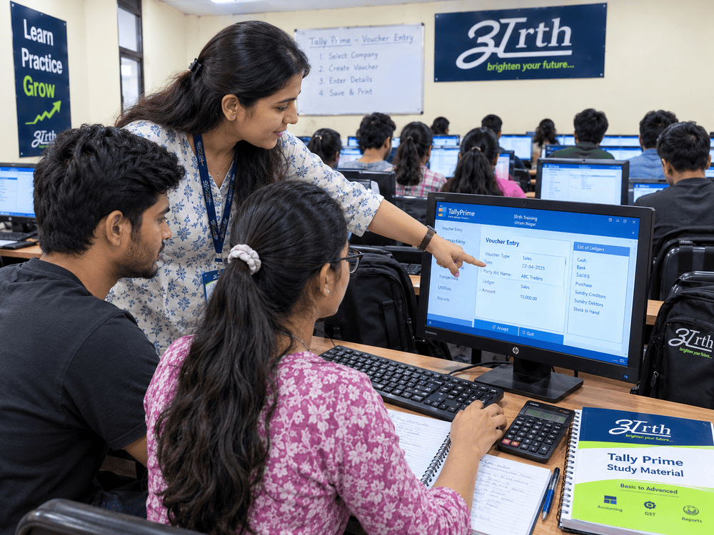 Female teacher helping students with a Tally Prime voucher entry and GST billing assignment at their lab computers in Arth Uttam Nagar.