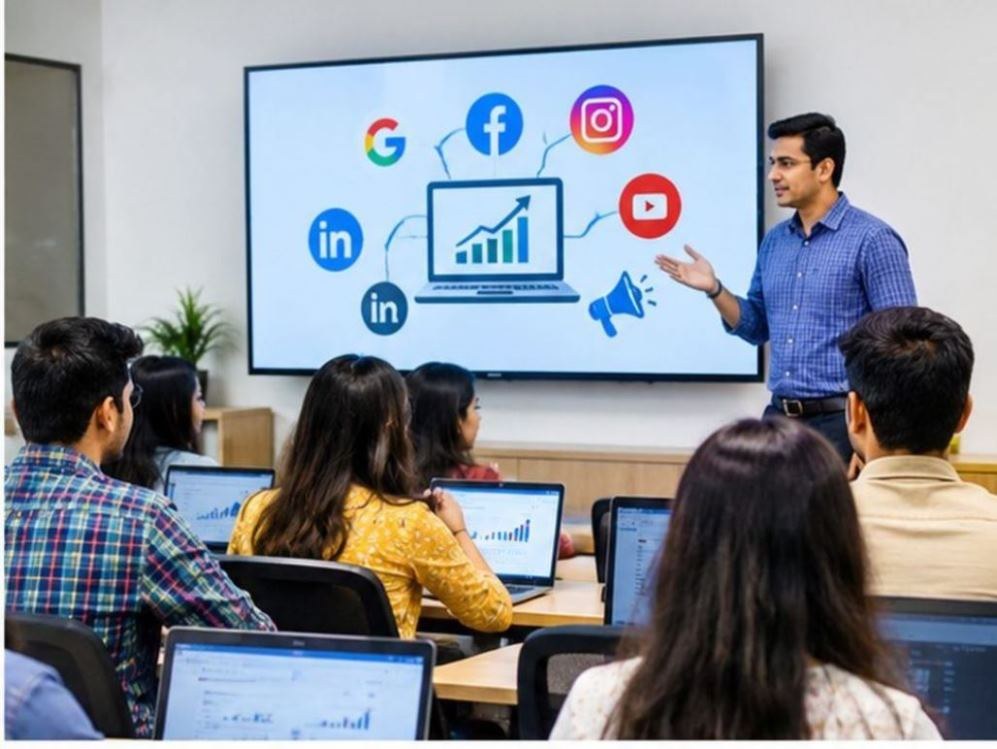 Students attending practical digital marketing training in modern classroom in Saket Delhi