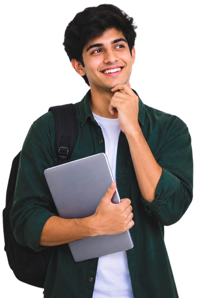 A smiling male student holding laptop and wearing a backpack