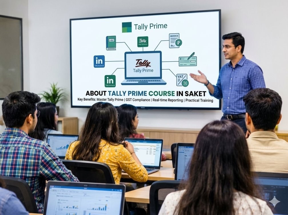 Students attending tally prime training in modern classroom in Saket Delhi