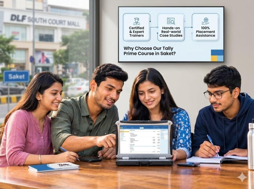 “Students collaborating on practical tally study near Saket DLF Mall”