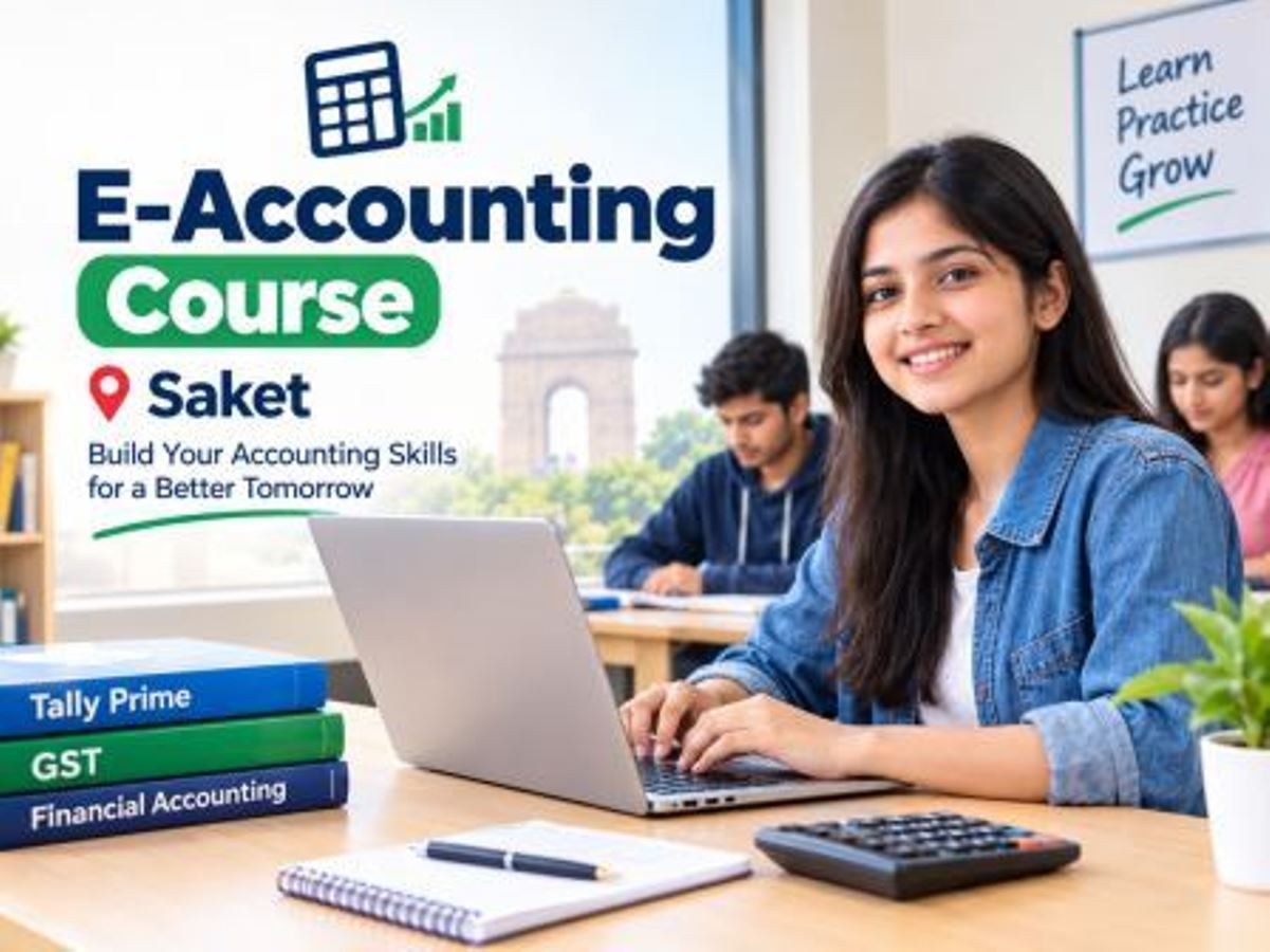 Promotional banner for an E-Accounting Course in Saket. The image features a smiling young woman sitting at a desk and typing on a laptop, with a calculator, a notebook, and a pen in front of her.