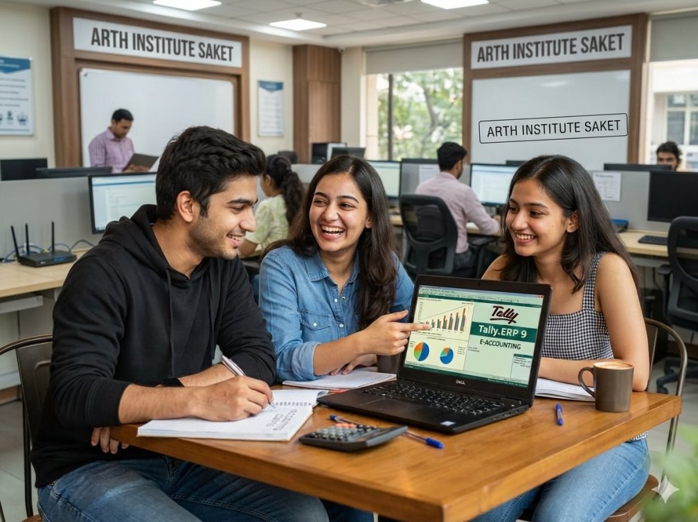 Three young South Delhi students collaborate happily inside the modern computer lab at ARTH Institute Saket. A laptop displays a Tally E-accounting project with graphs, while they take notes and work together.