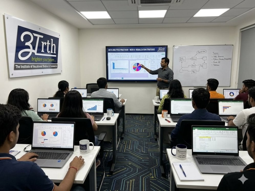 Data analytics class in Saket at Arth Institute features hands-on student learning.