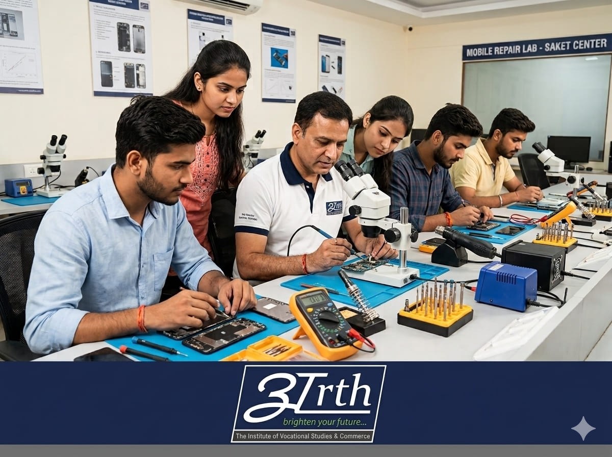 Students learning phone hardware skills at Arth Institute mobile repairing course in saket.