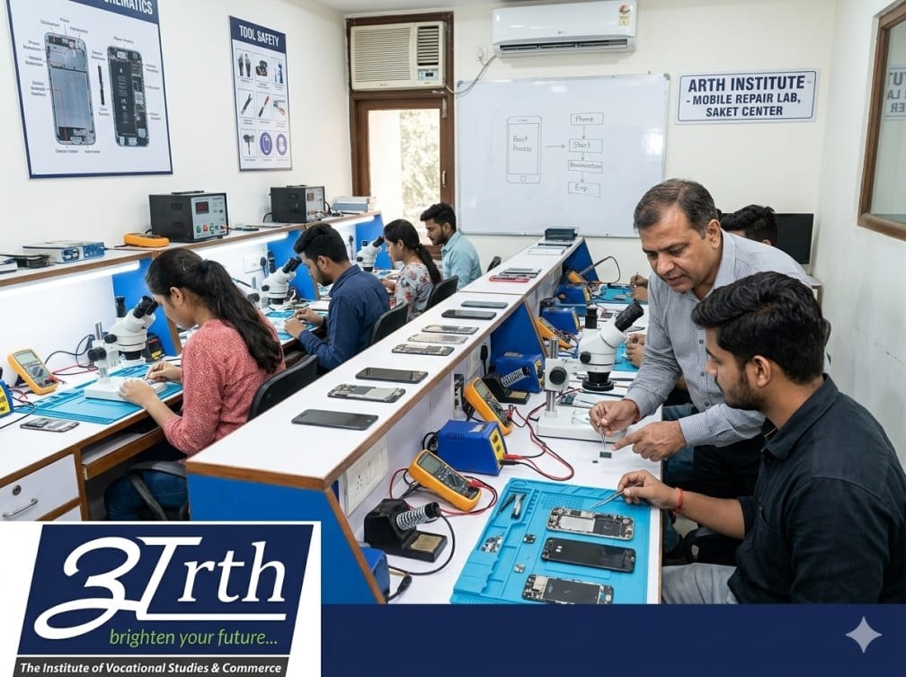 Arth Institute instructor teaching students phone hardware repairing during mobile repairing class in saket.