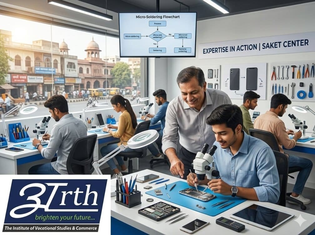 Students practicing advanced chip-level hardware engineering at Arth Institute mobile repairing course in saket